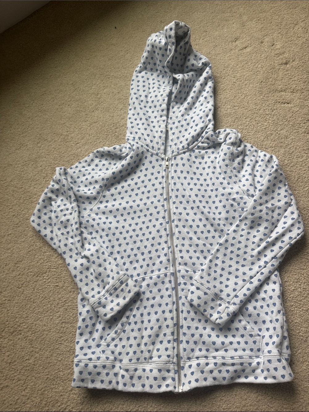 Roller Rabbit White Zip Hoodie with Blue Heart Print. Size M.
